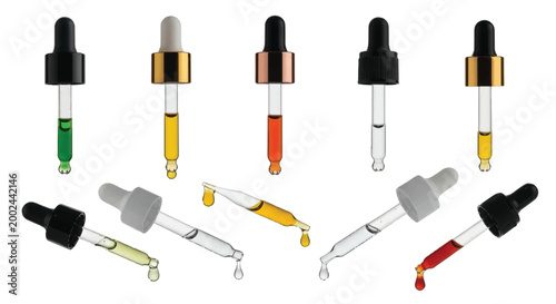 Assortment of droppers with colored liquids and droplets laboratory cosmetic fragrance chemistry experiment analysis measurement equipment