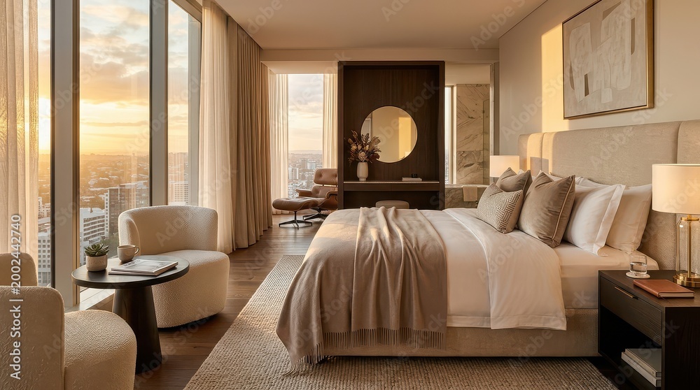 Fototapeta premium High rise bedroom with city windows and seating area at sunset