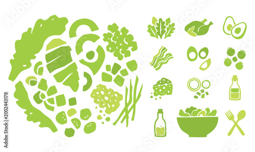 Vintage 1930s Rubber Hose Style Chicken Caesar Salad and Healthy Green Bowl Ingredient Doodle Set