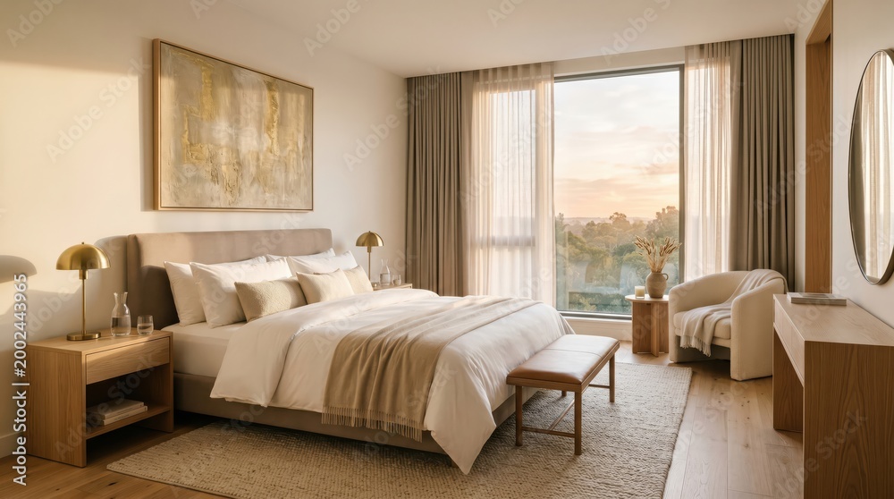 Fototapeta premium Contemporary bedroom with gold lamps window and dresser