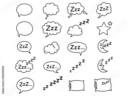 Sleepy cartoon characters expressing zzz in various speech bubbles and clouds.