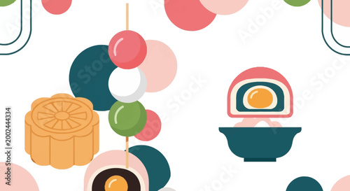 Traditional Asian Food Vector Illustration, Mooncake, Dango, and Autumn Desserts in Minimalist Flat Design Style