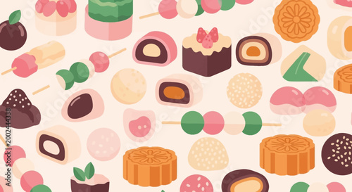 Set of Traditional Asian Desserts Illustration, Kawaii Flat Design Mochi, Dango, and Mooncake Sweets Background