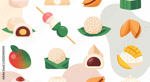 Asian Traditional Desserts, Street Food, and Tropical Fruit Vector Illustration Collection in Flat Design Style