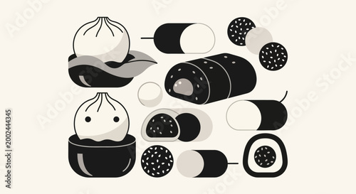 Minimalist Black and White Vector Illustration Set of Traditional Asian Dim Sum and Snacks