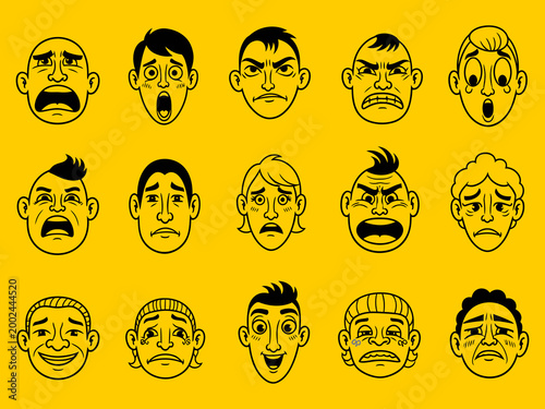Various cartoon men with different expressions are shown on a yellow background.