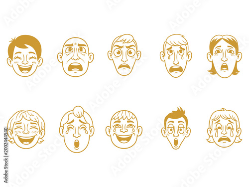Various people faces expressions illustrated in orange on a white background