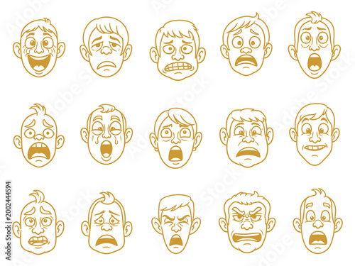 An illustration of various angry faces expressions in a digital artwork