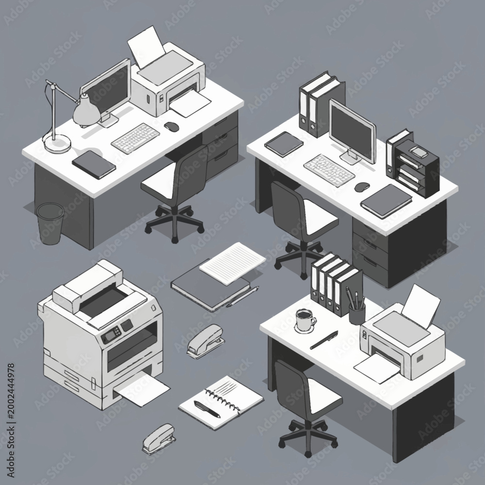 Obraz premium Isometric office workspace with desks and printers.