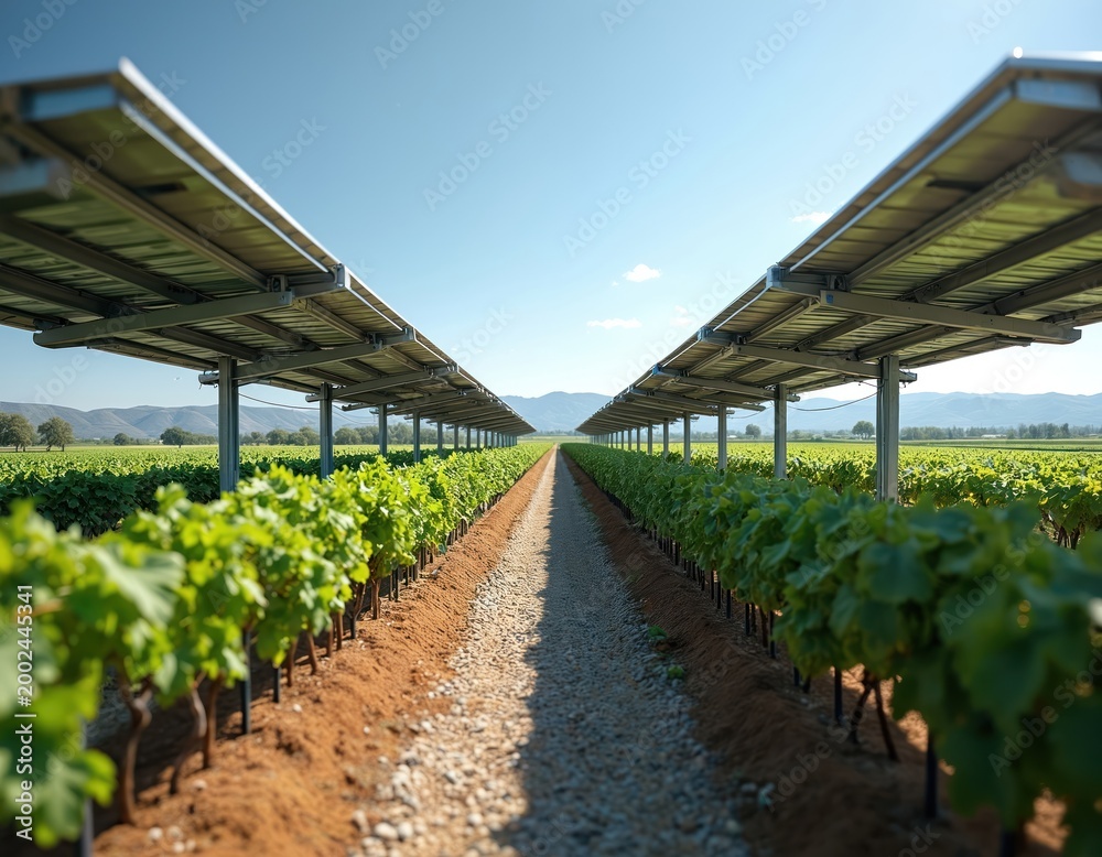 Fototapeta premium Rows of grape vines grow under elevated solar panels. Agrivoltaic system provides shade and clean energy. Dual land use improves farm efficiency.