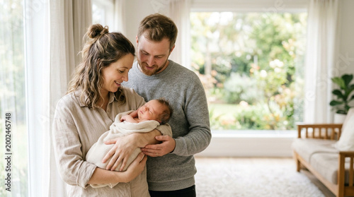 Newborn baby wrapped in blanket held by parents standing near large window with soft natural light and cozy home interior creating warm and loving atmosphere