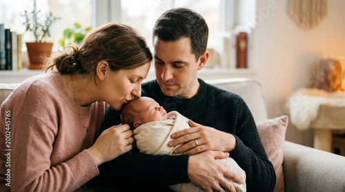 Newborn baby wrapped in blanket held by father while mother kisses baby forehead in cozy home setting, capturing tender family moment filled with love and warmth