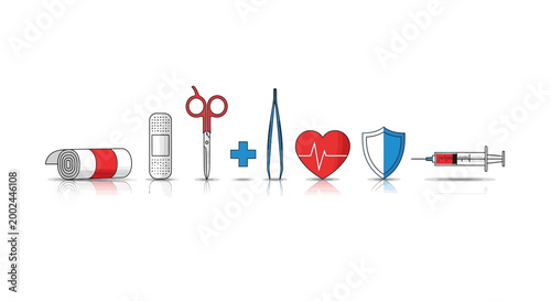 A vector graphic illustrates World Red Cross Day, showcasing humanitarian aid with medical supplies like bandages, scissors, and a syringe, symbolizing emergency help against a clean white