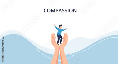 Vector illustration depicting World Red Cross Day humanitarian aid, showing caring hands supporting a tiny figure in need, conveying an emergency help concept against a clean, wavy