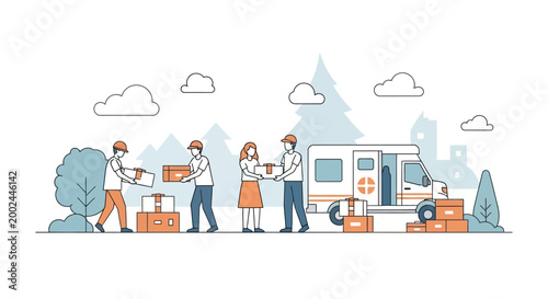 For World Red Cross Day, a vector illustration depicts volunteers providing humanitarian aid and emergency help, delivering packages from a truck against a cityscape backdrop with a clean