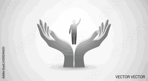 Conceptual vector illustration depicting World Red Cross Day, with large hands offering humanitarian aid and support to a stylized figure in need of emergency help, set against a bright