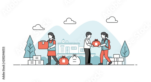Vector illustration depicting World Red Cross Day, showcasing volunteers providing humanitarian aid and emergency help by distributing packages and supplies against a clean white background