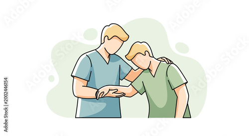 A vector illustration depicts World Red Cross Day, showing humanitarian aid, with one person supporting another in an emergency help concept, rendered in a clean, minimalist style