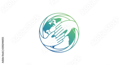 Conceptual vector illustration symbolizing World Red Cross Day humanitarian aid, showcasing hands cradling a globe in a gradient blue-green color scheme, conveying emergency help