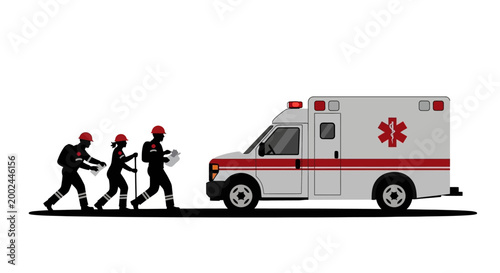 Vector illustration depicting World Red Cross Day with emergency help, showing three silhouetted humanitarian aid workers walking toward an ambulance against a clean white background