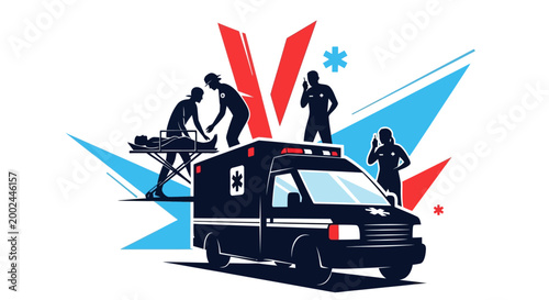As an illustration for World Red Cross Day, a vector graphic shows paramedics providing humanitarian aid and emergency help around an ambulance, set against a dynamic burst of red, white