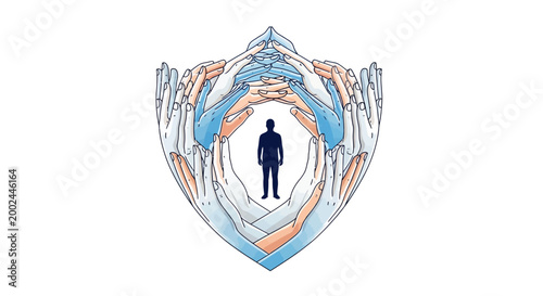 Dramatic vector illustration showing the concept of World Red Cross Day and humanitarian aid, with numerous outstretched hands offering emergency help to a silhouetted figure, set