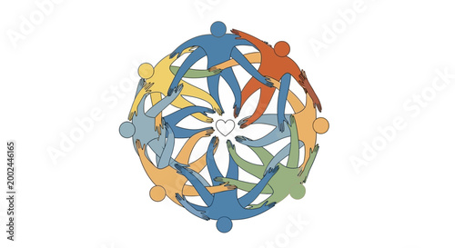 A vector illustration showing the concept of World Red Cross Day and humanitarian aid, with colorful figures arranged in a circle symbolizing emergency help and forming a heart