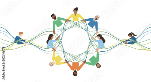 Diverse people form a circle, holding intertwined lines in a World Red Cross Day illustration, symbolizing humanitarian aid and emergency help, on a clean white background with wavy lines