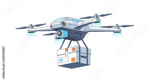 An illustration promoting World Red Cross Day shows a drone delivering humanitarian aid as part of an emergency help concept, presented in a vector graphic style against a clean white