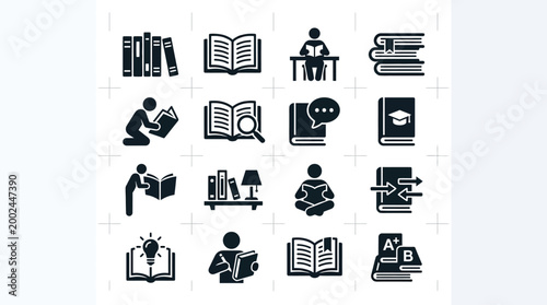 Collection of Sixteen Reading and Education Themed Vector Icons.