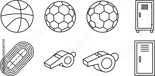 Collection of sports equipment line art icons set.