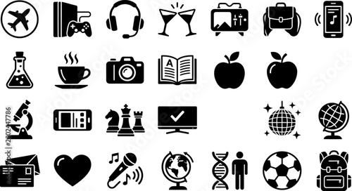 Collection of various black and white line art icons for web and mobile application design.