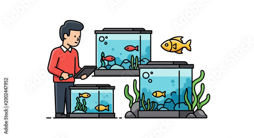 Man Observing Colorful Fish Swimming in Multiple Aquariums.