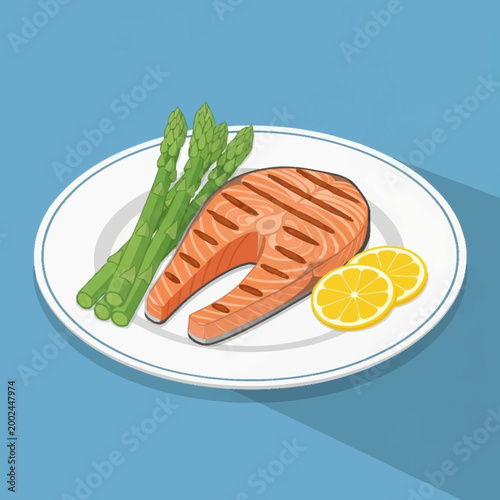 Grilled salmon steak with asparagus and lemon.