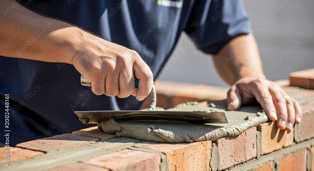 Obraz premium Man bricklayer holding metal trowel, skillfully applying mortar onto new brick wall. Professional man bricklayer ensures precision, creating strong, durable construction.
