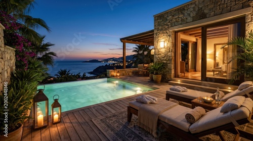 Stone villa terrace with infinity pool at dusk