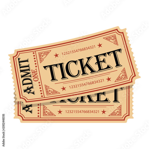 retro admit one ticket pair illustration with vintage paper texture