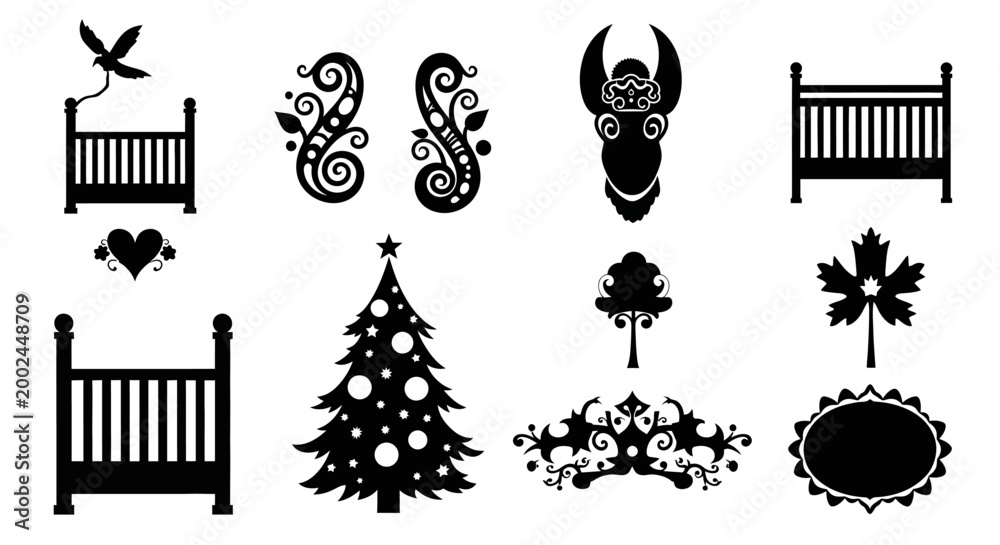 Fototapeta premium Black Silhouette Icons: Crib, Christmas Tree, Zodiac, Heart, Bird, Tree, Maple Leaf