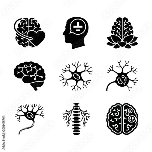 Brain and Neuron Icons: Mind, Health, Science, and Technology Concepts