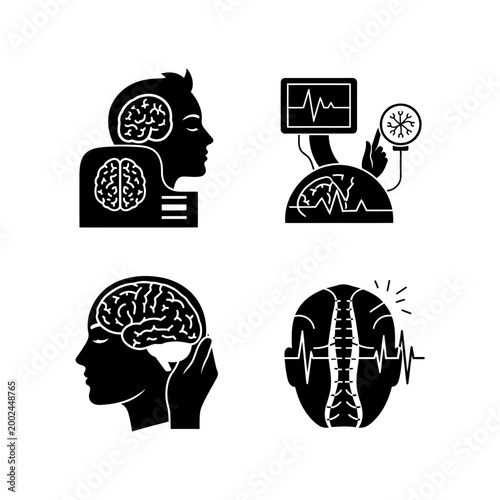 Brain Health and Neurology Icons: Neuroscience, Medical, and Mental Health Concepts