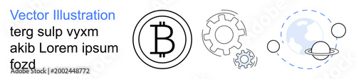 Cryptocurrency, blockchain, technology, global network, planetary systems, innovation. Circular Bitcoin symbol, interconnected gears and planetary orbits. Cryptocurrency and blockchain concept