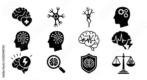 Brain Icons: Health, Technology, Psychology, Science, Research, and Law