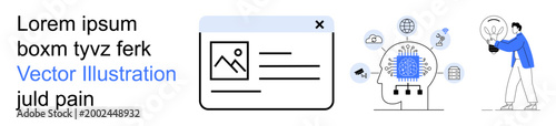 Artificial intelligence, digital innovation, cybersecurity, machine learning, creativity, technology. Human interacting with ideas, AI brain with icons. Artificial intelligence and creativity