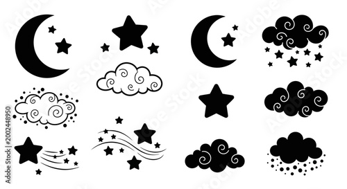 Celestial Night Sky Icons: Moon, Stars, Clouds, Rain