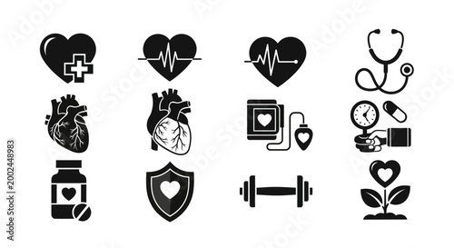 Cardiology Health Icons: Heart, Stethoscope, ECG, Blood Pressure, Pills