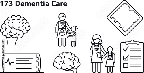 Dementia care concept set of line icons for medical support.