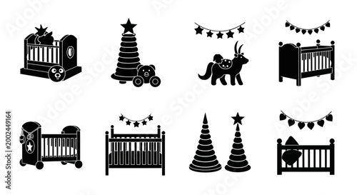Christmas Baby Cribs, Trees, and Festive Decorations Icon Set
