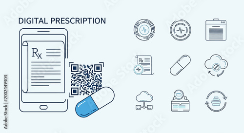 Digital prescription concept with mobile app QR code and medical pill icons.