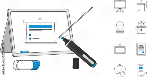 Digital tablet with stylus and marker for professional graphic design and presentations.
