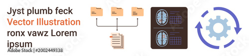 Data organization, automation, workflow management, digital storage, technology, information systems. File folders linked to documents, servers and automation gear icon. Data organization